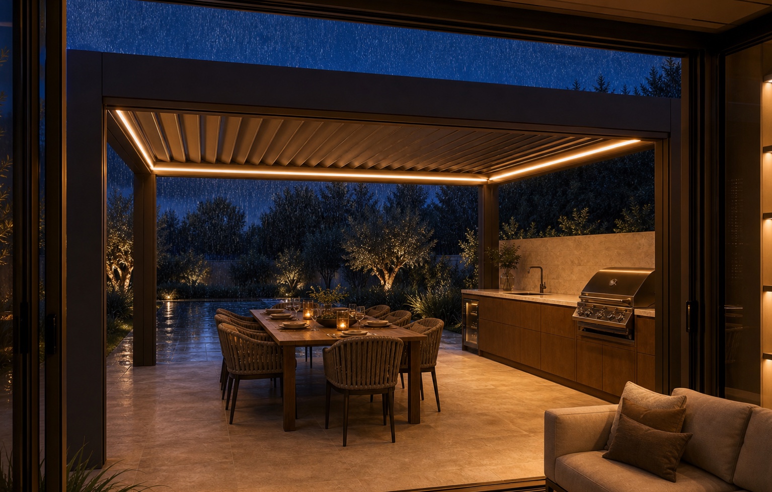Gedeckter Esstisch unter der warm beleuchteten Pergola bei Sommerregen zur blauen Stunde