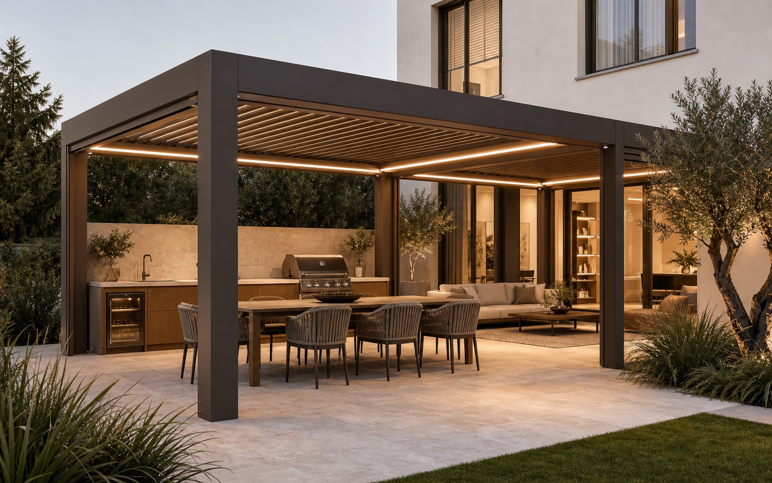 Gesamtansicht der vorgeschlagenen dunkelbronzenen Pergola mit Wohnbereich